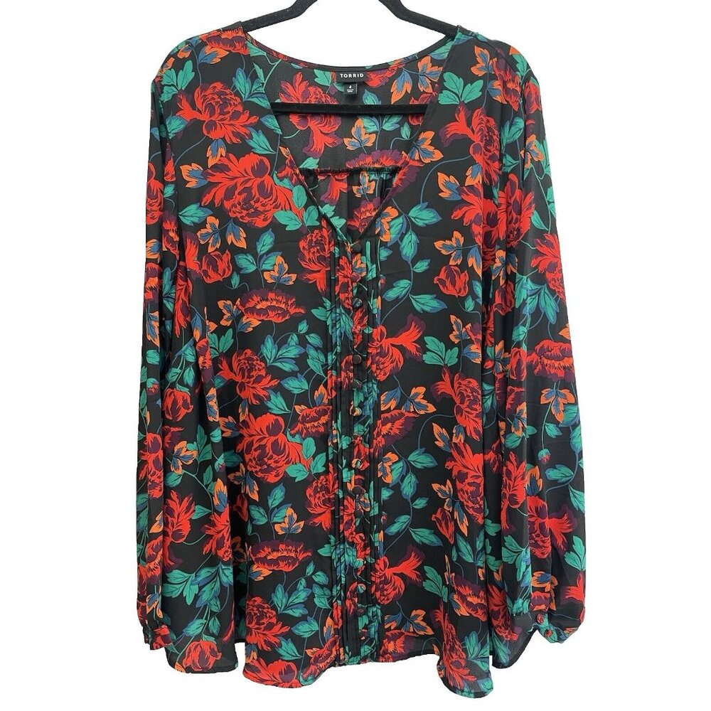 WOMEN'S TORRID GEORGETTE PINTUCK BUTTON-FRONT BLOUSE FLORAL SIZE 4 - Picture 1 of 16
